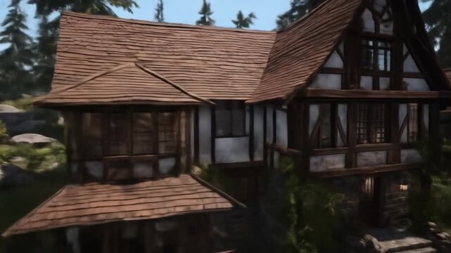 Rustic house exterior with gabled roof and stone accents against trees