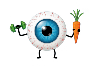Cartoon eyeball character holding a dumbbell and a carrot, isolated on transparent background