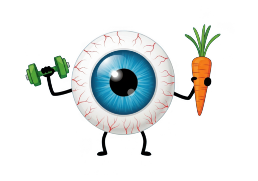 Cartoon eyeball character holding a dumbbell and a carrot, isolated on transparent background