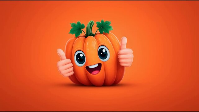 A cute cartoon pumpkin with big eyes and a smile gives a "like" sign with both hands. Animated to show approval, success, or Halloween.