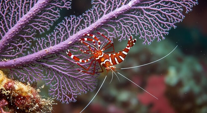 Vibrant Thor amboinensis shrimp resting on a purple sea fan.