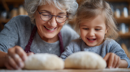 A joyful scene of a grandmother and granddaughter together, sharing moments while baking fresh bread in a cozy kitchen.