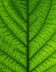 Close-up of a Vibrant Green Leaf with Intricate Vein Patterns.