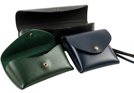 Collection of three leather cases, including an open dark green case, a closed navy blue case, and an open black case, isolated on transparent background