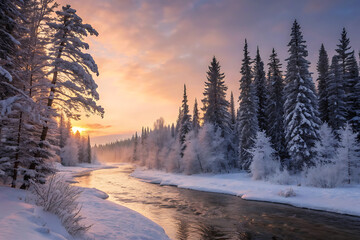 Winter sunrise over a frozen landscape in central Finland