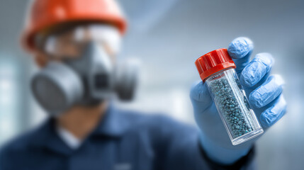 A safety-conscious worker in protective gear holds a sample vial, showcasing safety procedures and industrial practices.