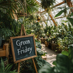 Green Friday sale sign in lush greenhouse
