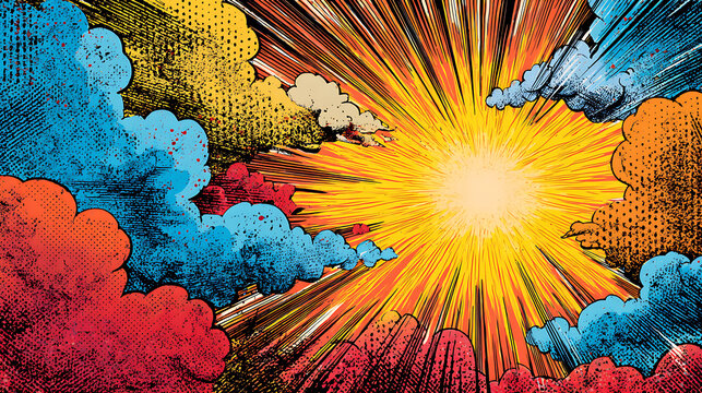 Comic explosion bright sunburst red blue yellow clouds comic book