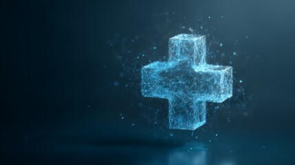 Blue glowing plus sign graphic formed by connecting lines and dots, symbolizing medical data, networking, innovation, and digital health solutions in an abstract technological context