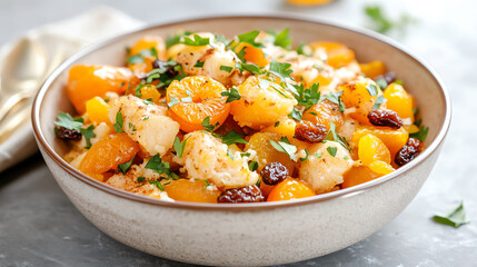 A vibrant bowl of fruit salad featuring mandarin oranges, pineapple, and raisins, garnished with fresh herbs.