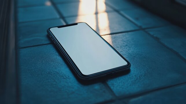 Smartphone on dark tiled surface, blank screen. Sunlight streaks through