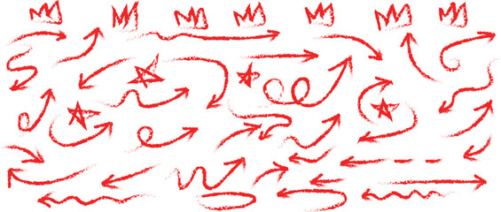 Hand drawn grunge crayon pencil brush direction elements. Vector illustration diverse collection of hand-drawn red arrows in various shapes and directions, set against a stark black background.