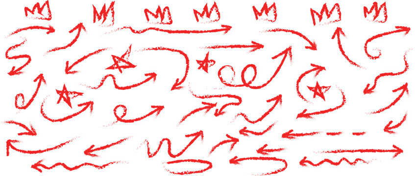 Hand drawn grunge crayon pencil brush direction elements. Vector illustration diverse collection of hand-drawn red arrows in various shapes and directions, set against a stark black background.