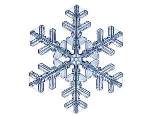 Intricate ice crystal, six symmetrical arms, detailed structure