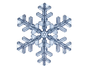 Intricate ice crystal, six symmetrical arms, detailed structure