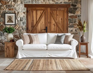 Cozy Living Room with Stone Wall and Wooden Accents.