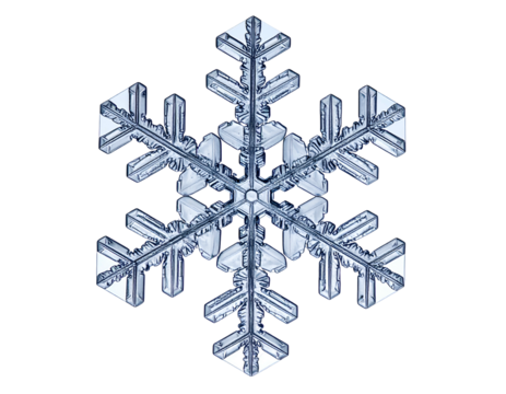 Intricate ice crystal, six symmetrical arms, detailed structure