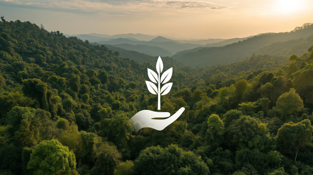 Hands Holding Sapling on Green Forest. Tree Planting and Reforestation, Environmental Protection, Earth Day, Nature Conservation, Seedling Growth, Eco Awareness Concept. - Powered by Adobe
