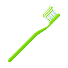 Green toothbrush with toothpaste on bristles. Dental hygiene, oral care, morning routine, and health concepts. Flat vector illustration isolated on white background	
