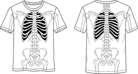Skeleton bone T-shirt design front and back view, human anatomy ribcage illustration, Halloween costume shirt concept, vector fashion art