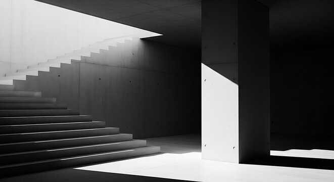 Stark concrete staircase with dramatic light and shadow contrast architecture minimalist