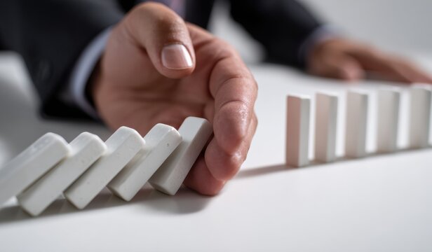Businessman hand stopping falling domino hand domino table business concept prevention decision strategy protection white motion falling row block closeup suit cuff desk interruption chain effect - Powered by Adobe
