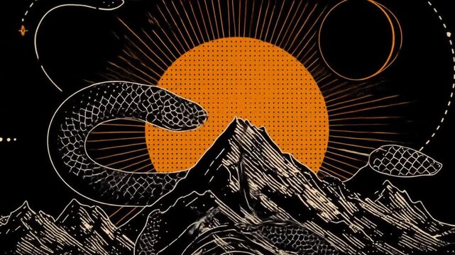 Stylized illustration of mountain landscape with celestial and snake elements