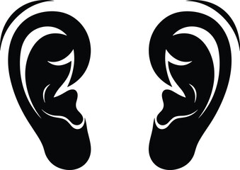 Black and white artistic ear illustration, symmetrical left and right ear design, hearing concept, sound listening icon, minimalist vector art