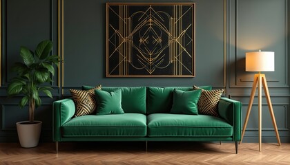 Stylish living room with green sofa art deco design and gold details. Modern interior with floor lamp and plant pot decor. Elegant home furniture with cushions and wooden floor.