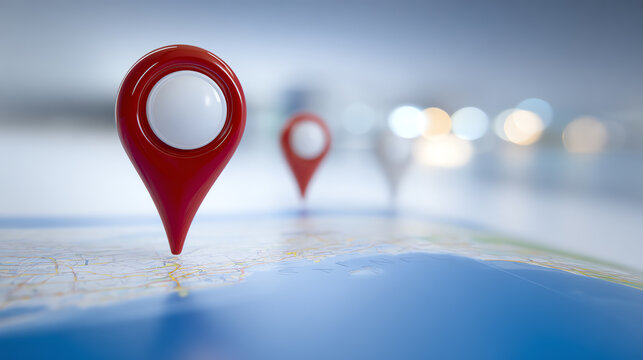 Close-up of red location pins on a map, symbolizing travel and navigation in a modern digital world. Perfect for travel-related themes.