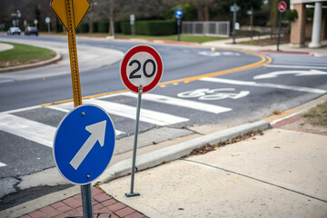 The "Turn right" blue street sign above the traffic light on the road, close-up, vertical
