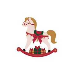 Christmas rocking horse. New year rocking horse with gifts. Merry Christmas. New Year. Xmas. Flat vector cartoon illustration. Wooden toy pony for design holiday decor, new year, greeting card. Horse 