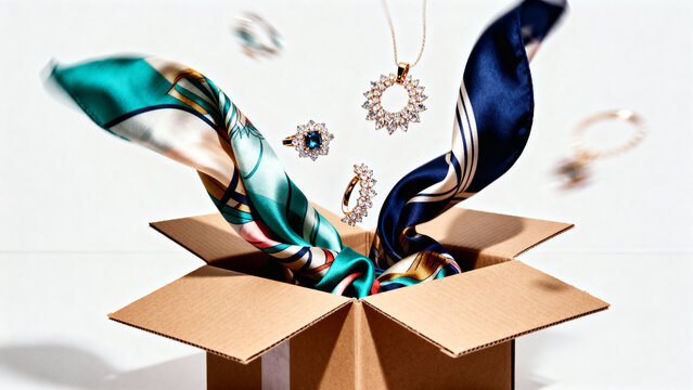 Jewelry and silk scarves emerging from cardboard box for online shopping  