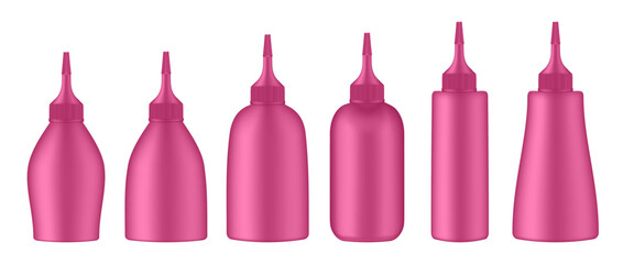 Set of squeeze bottles. Pink bottle with tip cap. Dispensing cap. Colorful hair dye.