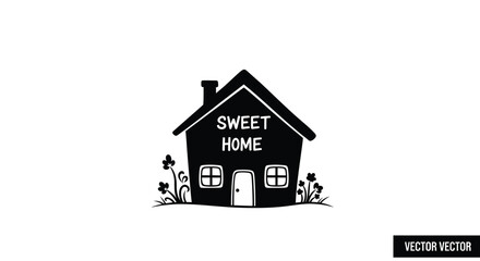 Simple black and white house illustration with sweet home text and floral details
