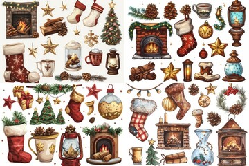 A vast collage of charming watercolor illustrations featuring classic Christmas and holiday elements, including gifts, Santa, ornaments, and nutcrackers. Perfect for festive design and decor.