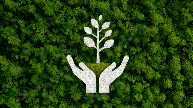 Hands Holding Sapling on Green Forest. Tree Planting and Reforestation, Environmental Protection, Earth Day, Nature Conservation, Seedling Growth, Eco Awareness Concept. - Powered by Adobe
