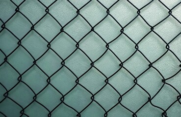 Fototapeta premium Close-up view of a black metal mesh fence pattern. The diamond shapes create a repetitive design against a textured light blue background. This protective barrier offers privacy.