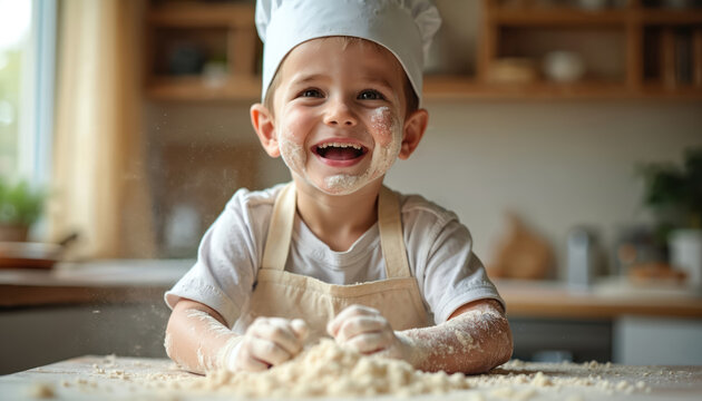 Happy child wearing chef hat and apron plays with flour at kitchen table. Kid laughs with flour on face and hands, enjoys baking activity, learns cooking skills.