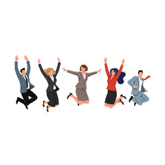 Diverse group of business professionals jumping in the air celebrating success with joy and excitement, isolated on white background