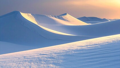 Rolling white dunes at dawn, lit by soft golden light
