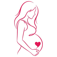 Minimalist line art illustration of a pregnant woman silhouette with a heart on her belly, celebrating motherhood and new life