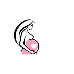 Elegant Pregnant Woman Silhouette Embracing Belly with Heart Symbol Pink and Black Illustration