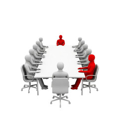 Business meeting with red figures representing leadership, isolated on transparent background