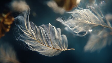 Delicate White Feathers Floating on a Dark Blue Surface, Soft Focus Detail