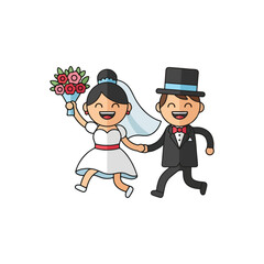 Happy cartoon bride and groom running together holding hands and flowers, wedding celebration event couple vector illustration