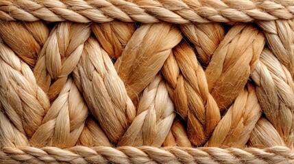 Detailed close-up view of intricately woven natural fiber ropes, showcasing a rich, warm color palette and a textured surface pattern.