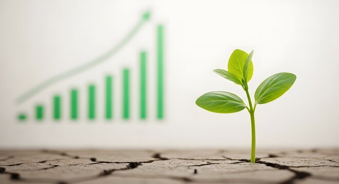 Green sprout emerging from dry: cracked earth and set against an upward-trending financial graph