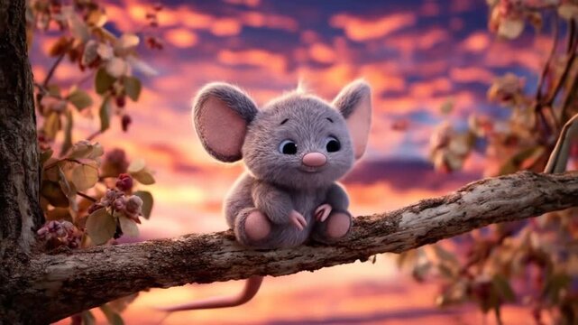 Animated cartoon mouse sitting on branch against sunset sky