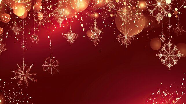 A red background with falling snowflakes, golden lights, and a deep red gradient, creating a Christmas/New Year festive atmosphere, leaving ample space for text or graphics.